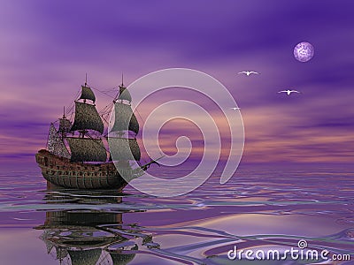 Pirate ship sailing in the moonlight Stock Photo