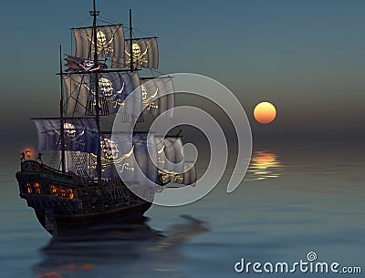 Pirate Ship Sailing into the Sunset Stock Photo