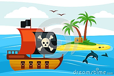 Pirate ship sailing towards treasure island illustration. Corsair frigate with black sail sails near palm bay buried Vector Illustration