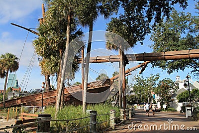 Pirate ship by scenic stroll at Disney resort Editorial Stock Photo