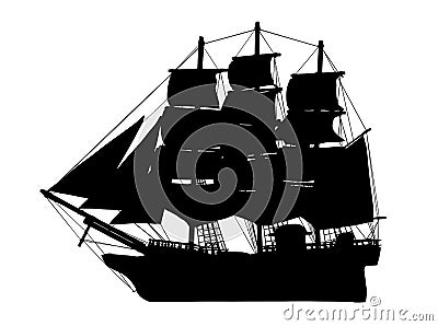 Pirate Ship silhouette, galleon, brigantine, Age of Discovery sailing vessels illustration Cartoon Illustration
