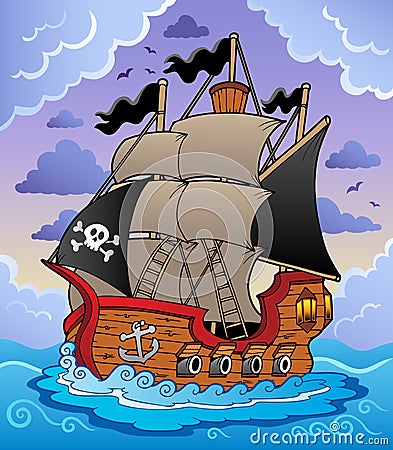 Pirate ship in stormy sea Vector Illustration