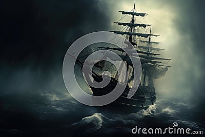 A pirate ship struggles to survive as it navigates through a treacherous storm, Mysterious phantom ship floating through foggy Stock Photo