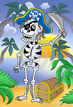 Pirate skeleton with sabre and treasure chest Cartoon Illustration