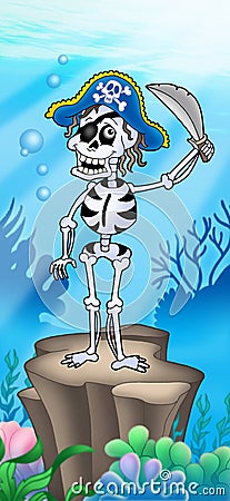 Pirate skeleton on sea bottom Cartoon Illustration