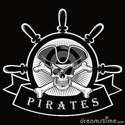 Pirate Skull With Eyepatch And Ship Helm Logo Black Background Vector Illustration Vector Illustration