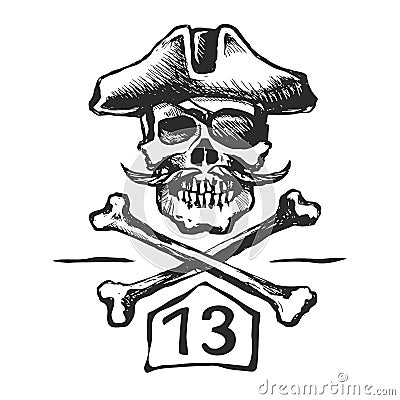 Pirate skull with a mustache sketch Vector Illustration