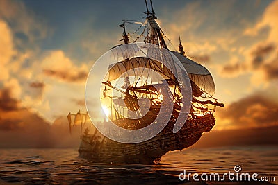 pirate galleon on the ocean at sunset Stock Photo