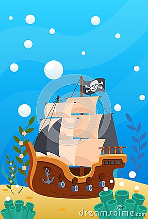 Pirate theme. Vector cartoon treasure pirate map of ocean, steering wheel, anchor at depths of sea, among the sand under water. Vector Illustration