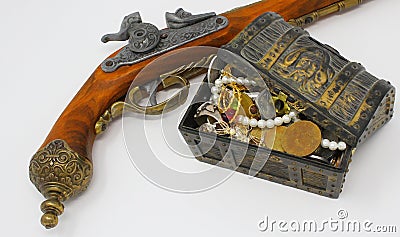 Pirate Treasure with Pistol Gun Stock Photo
