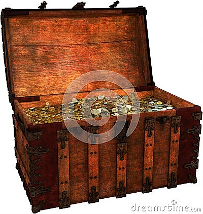 Pirate Treasure Chest, Coins, Isolated Stock Photo