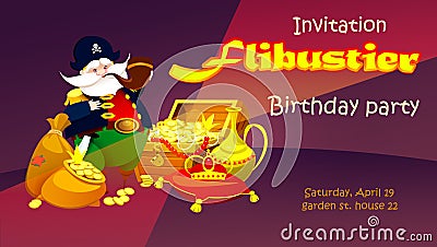 pirate with treasure. Invitation children`s party Vector Illustration