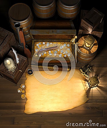 Pirate Treasure & Map Stock Photo