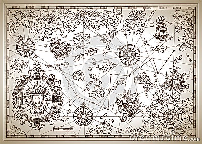 Pirate treasure map with compass, sailing vessels, treasure islands and decorative elements Vector Illustration
