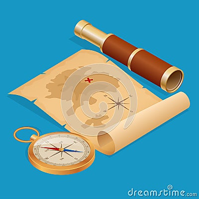 Pirate Treasure map on a ruined old Parchment with spyglass and compass vector isometric illustration Vector Illustration