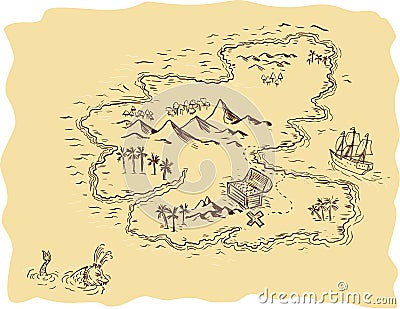 Pirate Treasure Map Sailing Ship Drawing Cartoon Illustration