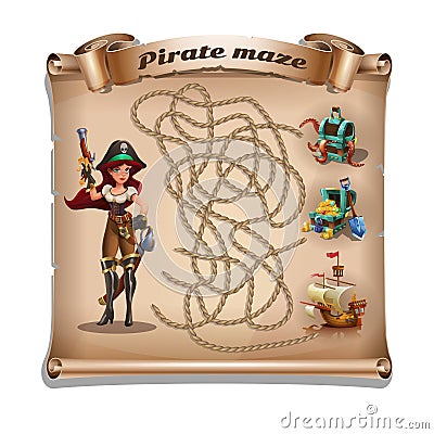 Pirate treasure maze. Vector Illustration