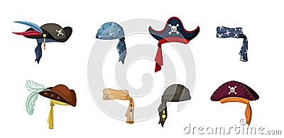 Pirate vintage hats set. Colorful headscarves and elaborate headwear with feathers symbols of corsair captain and sailor Vector Illustration
