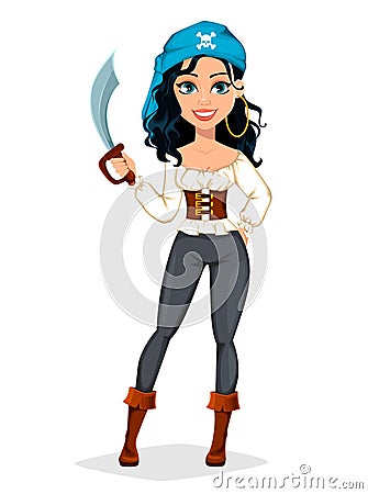 Pirate woman. Beautiful lady cartoon character Vector Illustration