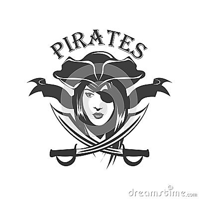 Pirate woman and crossed sabers badge, logo. Vector illustration Vector Illustration