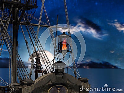 Pirate woman in sail ship at moonlight Stock Photo