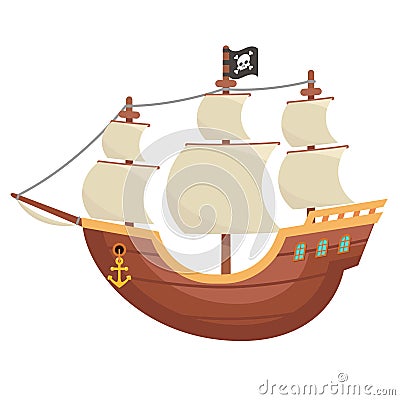 Pirate wooden boat buccaneer sailing filibuster bounty corsair sea dog ship isolated cartoon flat design vector Vector Illustration