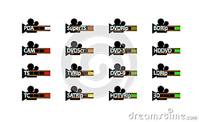 Pirated movie release types, Release formats icon set. Video piracy. Vector Vector Illustration