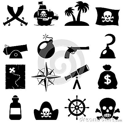 Pirates Black and White Icons Vector Illustration