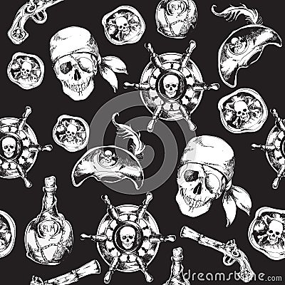 Pirates black and white seamless pattern Vector Illustration