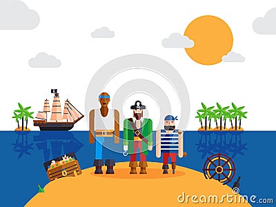 Pirates on desert island, vector illustration. Funny cartoon characters, pirate captain and sailors. Corsairs of the Vector Illustration