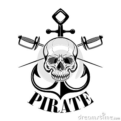 Pirates. Emblem template with swords and pirate skull. Design element for logo, label, emblem, sign. Vector Illustration