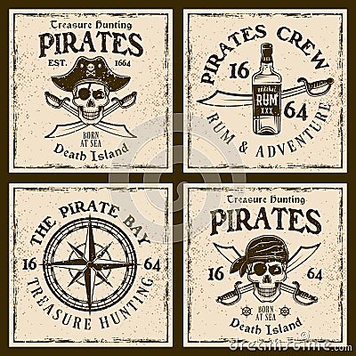 Pirates four colored emblems or t-shirt prints Vector Illustration