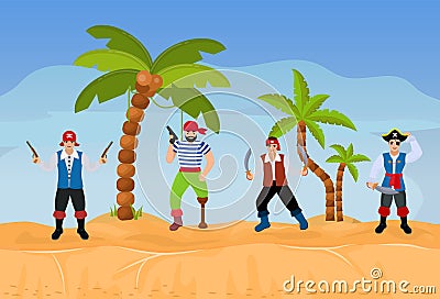 Pirates group in desert vector illustration. Funny happy people team in pirates costumes armed with knives and pistols. Vector Illustration