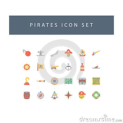 Pirates icon set with colorful modern Flat style design Vector Illustration