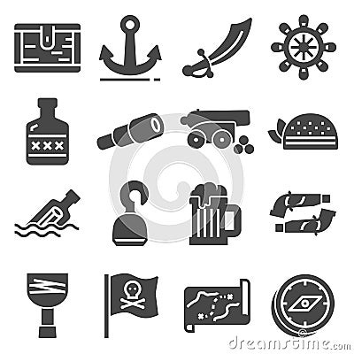 Pirates icons set sabre, hook,, old ship, spyglass, treasure chest, cannon, anchor, rudder, map, barrel, rum Stock Photo