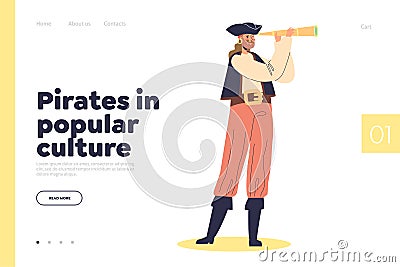 Pirates in popular culture concept of landing page with sailor looking in spyglass Vector Illustration