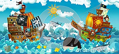 The pirates on the sea - battle - illustration for the children Cartoon Illustration