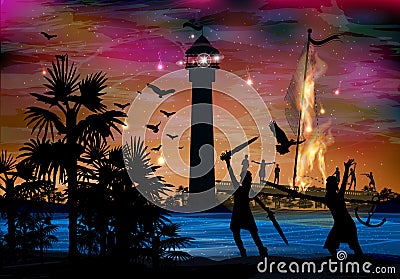 Pirates The sea and the ship are on fire Shipwreck Stock Photo