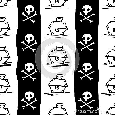 Pirates seamless pattern , black captain Jolly Roger flag background wallpaper, repeatable funny hand painted texture of skull and Vector Illustration