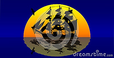 Pirates ship against sunset. Stock Photo