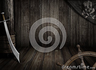 Pirates ship background with old jolly roger flag and saber Stock Photo