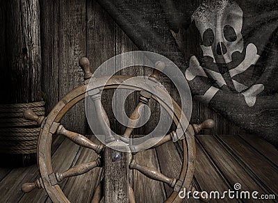 Pirates ship steering wheel with old jolly roger Stock Photo