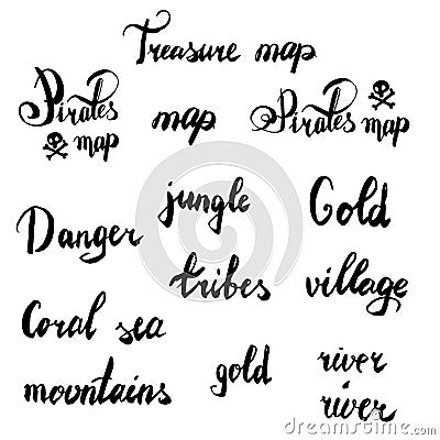 Pirates sign lettering calligraphy black hand written custon words set text isolated on white , vector illustration , Pirates map Vector Illustration