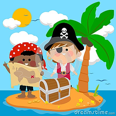 Pirates at the beach on a treasure island. Vector illustration Vector Illustration