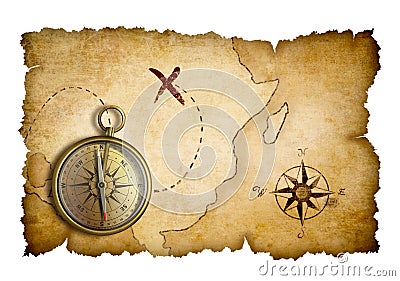 Pirates treasure map with compass isolated Stock Photo