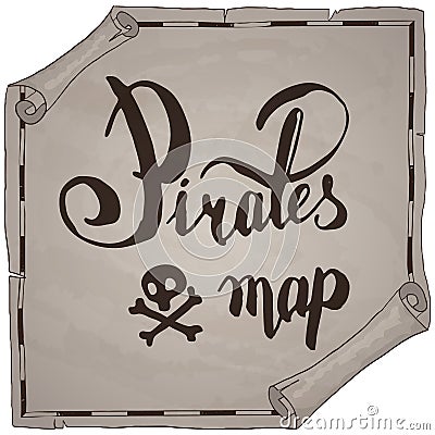 Pirates treasure map hand drawn cartoon black ink on old paper texture , palms at uninhabited island cross sign way search gold ch Vector Illustration
