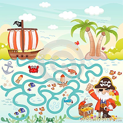 Pirates & Treasure Maze for Kids Vector Illustration