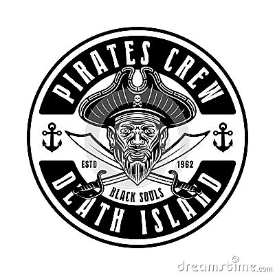 Pirates vector round emblem with men head and two crossed sabers monochrome vintage illustration isolated on white Vector Illustration