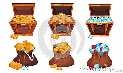 Piratic Chests and Sack With Treasures Vector Set Vector Illustration