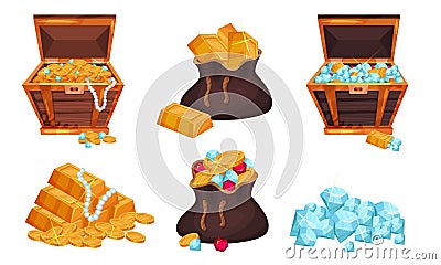 Piratic Chests and Sack With Treasures Vector Set Vector Illustration